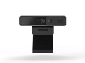Frontansicht der Cisco Desk Kamera 4K mit integrierten Mikrofonen und Sichtschutz – ideal für 4K-Videokonferenzen