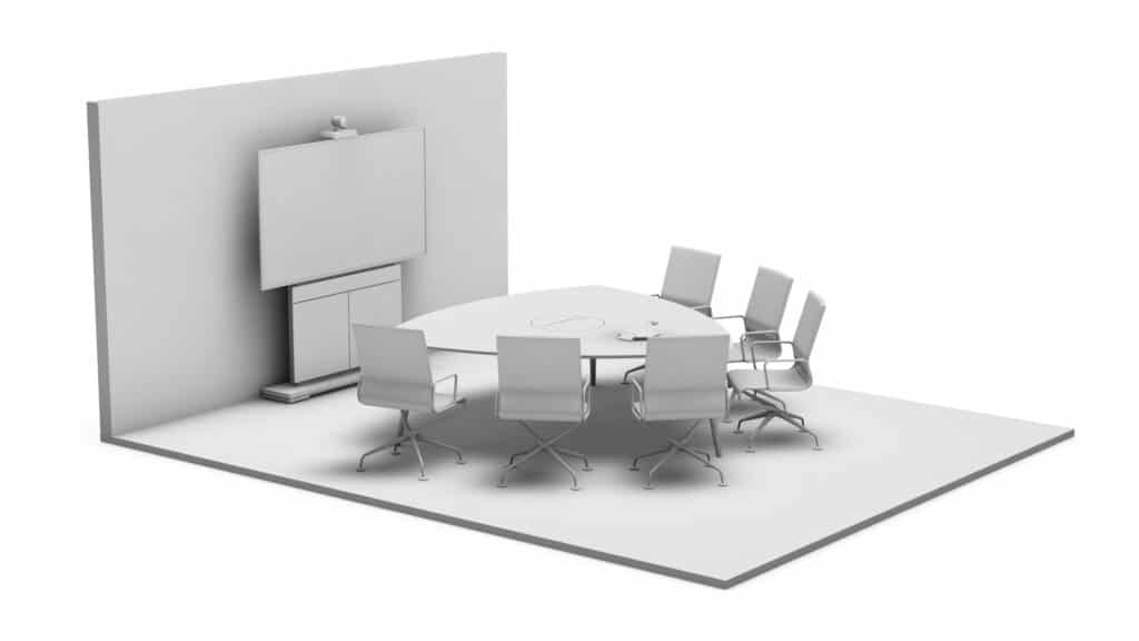 Rendering Konferenzraum Basic mit Medientechnik (Kamera, Display, Mediensteuerung inkl. Mikrofon) und Medienmöbeln wie Displaystele, Tisch und Stühlen