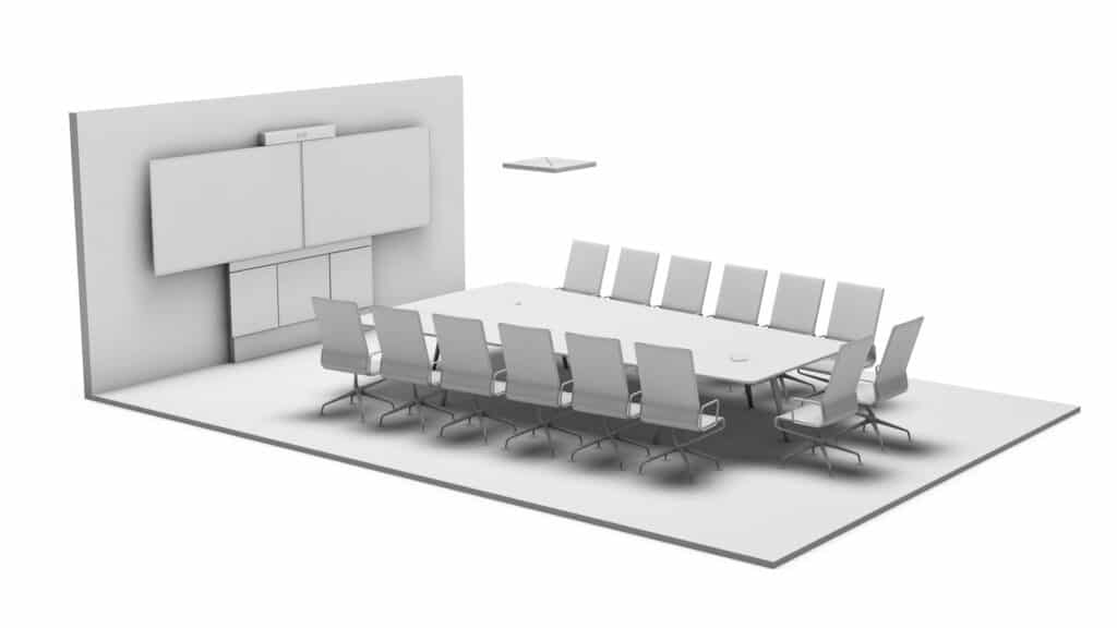 Rendering Konferenzraum Komfort mit Medientechnik (2 Displays, Kamera und Mediensteuerung) und Medienmöbeln (Deckenmikrofon, Beleuchtung Konferenztisch und Stühle)
