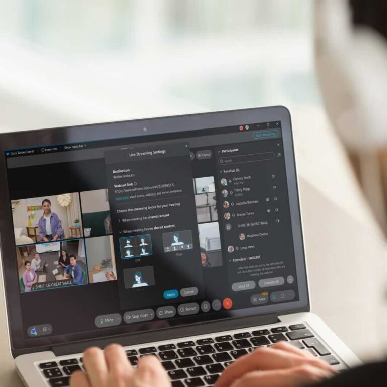 Benutzeroberfläche der Cisco Webex Suite zur professionellen Organisation von Online-Events