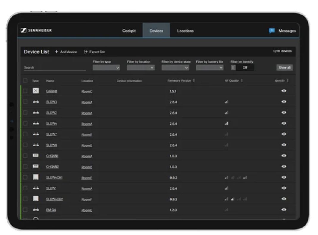 Sennheiser Control-Cockpit Software Geräteliste zur zentralen Steuerung & Überwachung