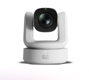 Cisco Room Vision PTZ Kamera in Weiß mit KI-gestützter Sprecherverfolgung für hybride Schulungsräume