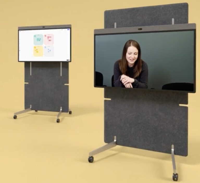 Neat Board 50 auf Rollen – mobil und höhenverstellbar für flexible, barrierefreie Videokonferenzen und hybride Meetings