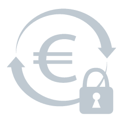Eurozeichen in der Mitte, Kreislauf mit Vorhängeschloss steht für die Investitionssicherheit und automatische Upgrades, wenn man über conference-tv bucht, da alles Videokonferenz-Lösung oder Hardware as a Service ist