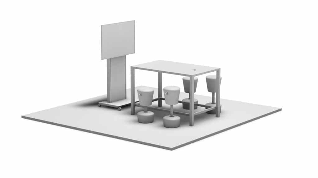 Rendering eines Meeting Points FELX mit Medientechnik wie z.B. Display und Medienmöbeln wie z.B. einer Displaystele, Tisch und Stuhlhockern. Besonders geeignet für spontane Meetings.