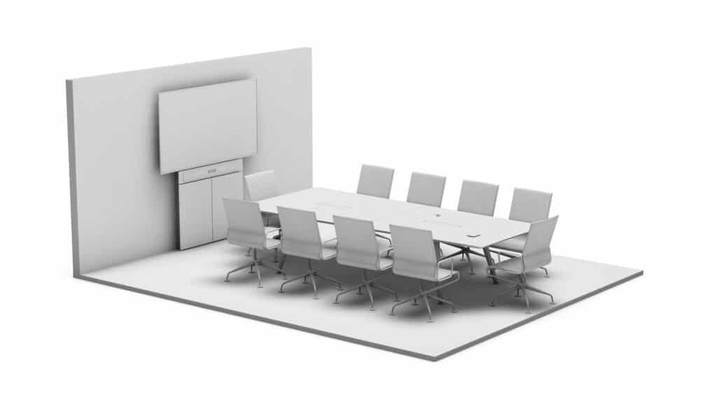 Rendering eines Meetings Rooms mit Medientechnik wie z.B. Display und Medienmöbeln wie z.B. einer Displaystele