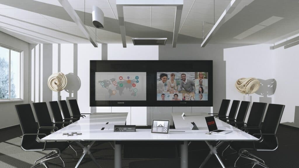 Perfekte Umgebung für Konferenzräume (Raumakustik, Beleuchtung, Möbel etc.) und Medientechnik wie zwei Displays, Mediensteuerung