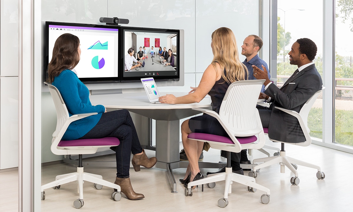 Videokonferenz mit Logitech Videokonferenzsystem und zwei Displays