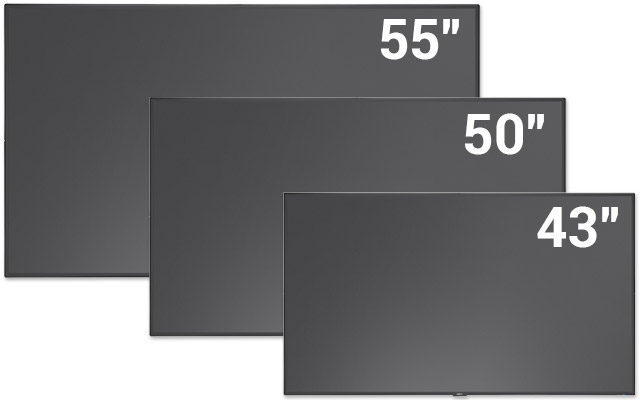 NEC MultiSync C-Serie Digital Signage Display in den Formaten 43", 50" und 55" Zoll. Digitale Werbetafel für Hotels, Gastronomie, Einzelhandel und im Empfangsbereich von Unternehmen