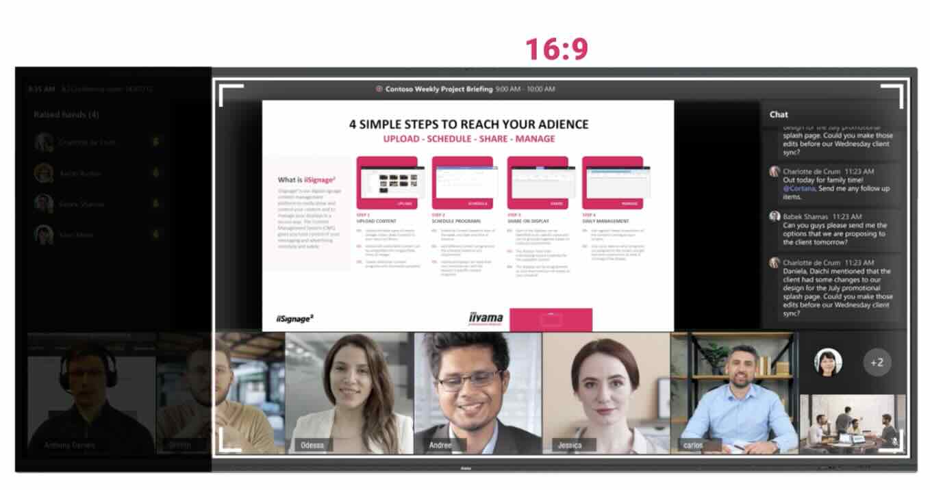 iiyama 16:9 Display mit Microsoft Teams Benutzeroberfläche, eingeschränkte Ansicht durch geringere Bildschirmhöhe, weniger Platz für Inhalte und Teilnehmervideos