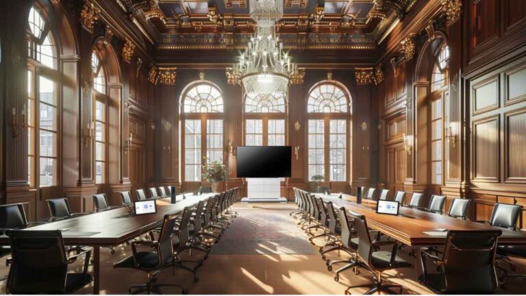 Historischer Ratssaal mit integrierter Medientechnik, großem Display und moderner Videokonferenzlösung – optimale Ausstattung für hybride Rats- und Ausschusssitzungen