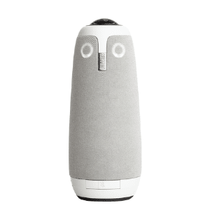 Die Meeting Owl 3 Konferenzkamera in zylindrischem Design mit 360-Grad-Rundumkamera und integrierten Mikrofonen, ideal für hybride Meetings, Videokonferenzen und moderne Besprechungsräume.