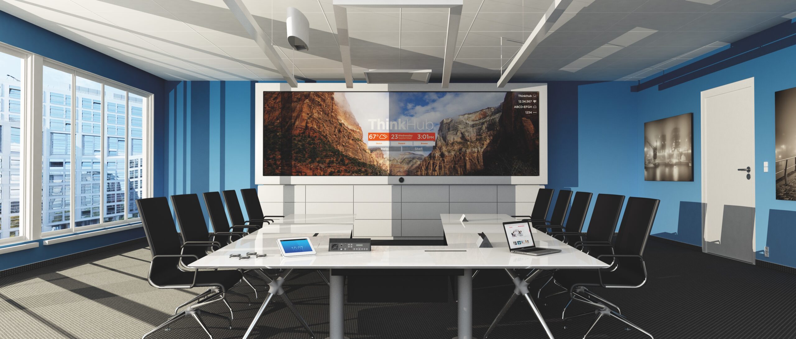 Board Room Comfort mit kompletter Medientechnik wie LED-Wand, Mediensteuerung, Deckenmikrofone, Kamera und Touch-Controller sowie Ausstattung mit Medienmöbeln