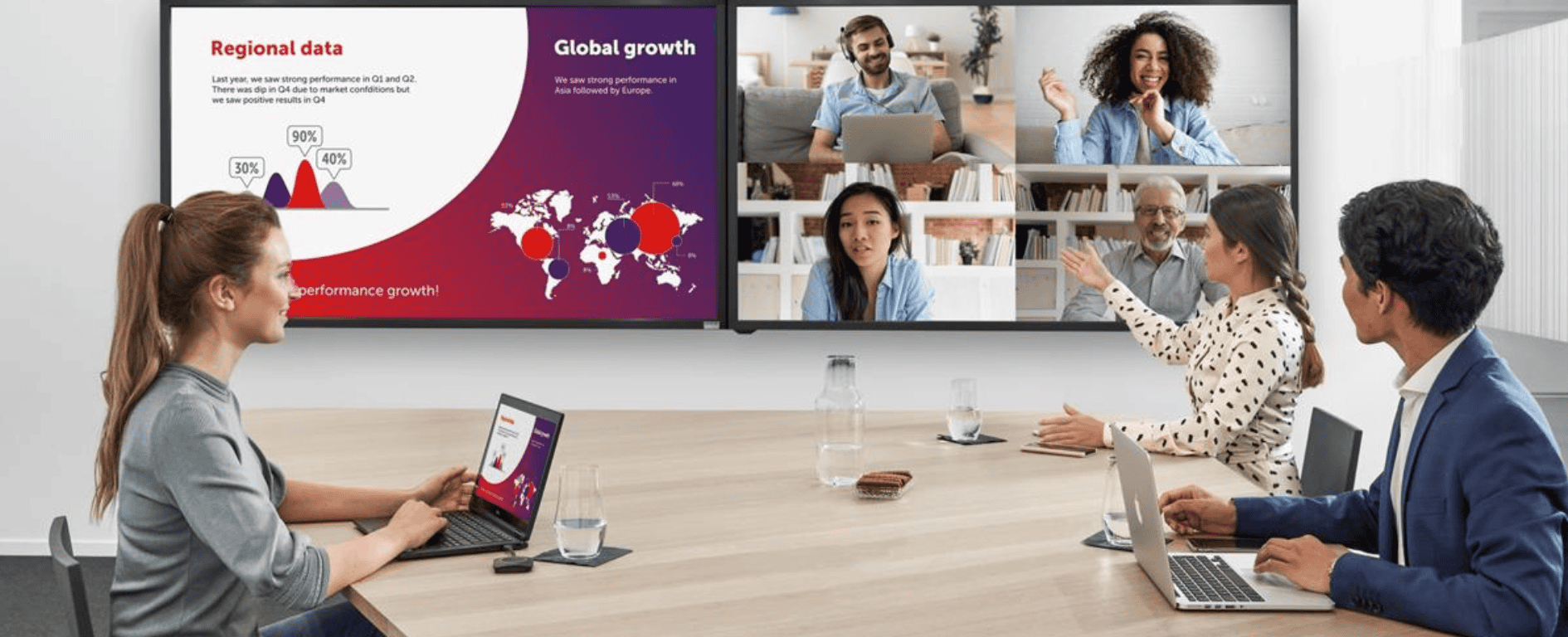 Ein modernes Konferenzsystem mit Barco ClickShare CX-50 zeigt drei Personen in einem Besprechungsraum, die kabellos Inhalte auf einen großen Bildschirm übertragen, während virtuelle Teilnehmer per Video zugeschaltet sind – ideal für hybride Meetings in Unternehmen.