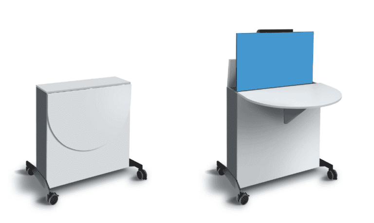 Vistono MEET - Schnelle Umwandlung: Die halbrunde Tischplatte lässt sich mit einem Handgriff hochklappen und fixieren, sodass sofort eine Arbeitsposition entsteht.