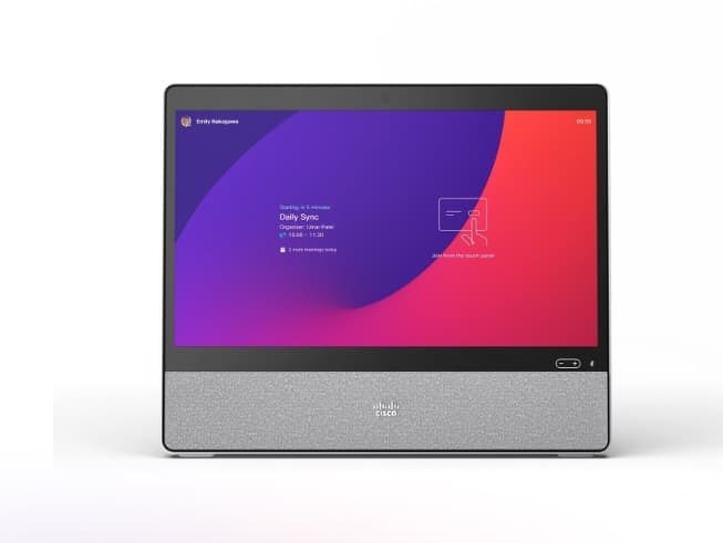 Frontansicht des Cisco Desk mit 24-Zoll-Touchscreen, Kamera, Mikrofon und Lautsprecher für professionelle Videokonferenzen.