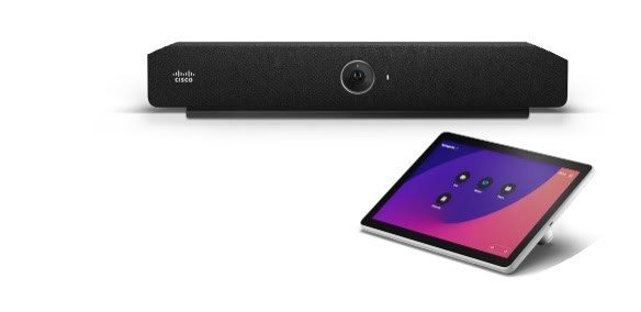 Cisco Room Bar mit Cisco Room Navigator Touchpanel Cisco Room Bar mit Tisch-Touchpanel für native Konferenzsteuerung in Meetingräumen