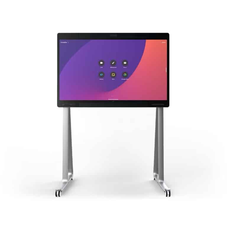 Frontalansicht des Cisco Board Pro 55 G2 mit Touchscreen und mobil einsetzbarem Rollenständer