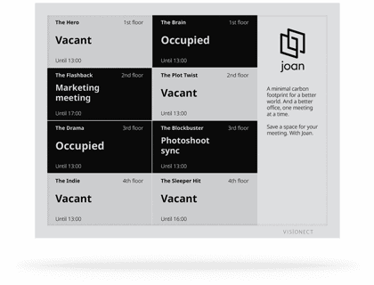 Ein Joan 13 E-Ink-Display zeigt eine mehrspaltige Übersicht über die aktuelle Belegung mehrerer Räume mit den Statusanzeigen „Vacant“ und „Occupied“, um Raumplanung transparent darzustellen.