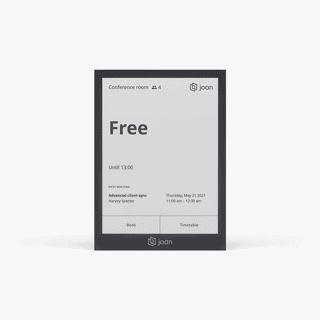 Ein Joan 6 Pro E-Ink-Display zeigt den Status „Free“ für einen Konferenzraum an, inklusive Uhrzeit und Buchungsinformationen, zur einfachen Anzeige der Raumverfügbarkeit.
