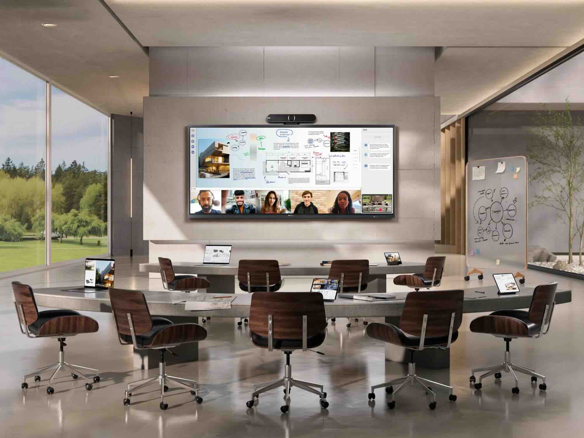 21:9 Ultra-Wide Display im modernen Konferenzraum – ViewSonic IFP105S Konferenzraum mit großem 21:9 Ultra-Wide Touchdisplay von ViewSonic für hybride Meetings und Präsentationen.