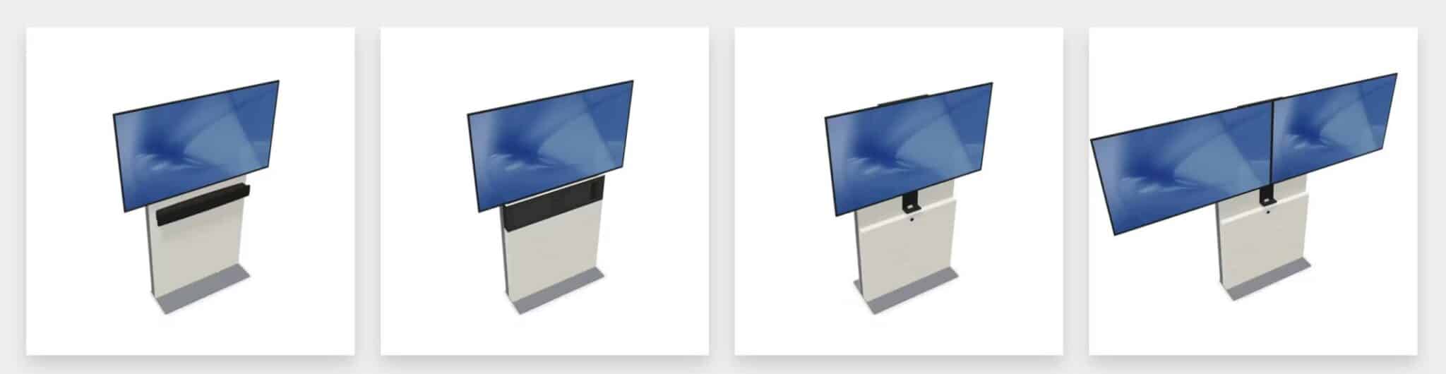 Fröscher Mico 3 Medienstele im modularen Baukastensystem für Medientechnik Vier Varianten der Fröscher Mico 3 Medienstele nebeneinander im Vergleich – modulare Systemlösung mit wechselbaren Monitorgrößen und Ausstattungsoptionen für individuelle Konferenz- oder Präsentationsanforderungen.