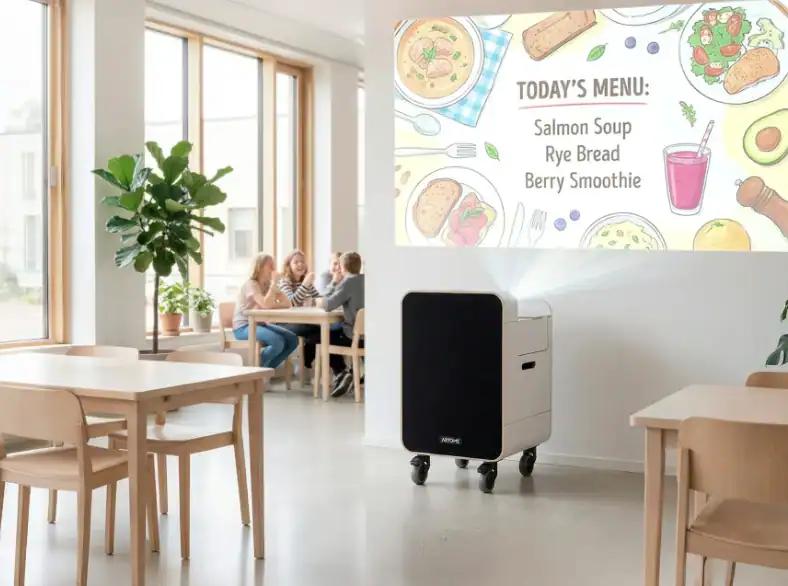 Artome S1 mit Wandprojektion im Aufenthaltsraum Artome S1 mit geöffneter Oberseite projiziert eine Speisekarte an eine weiße Wand, im Hintergrund sitzen Personen an einem Tisch.