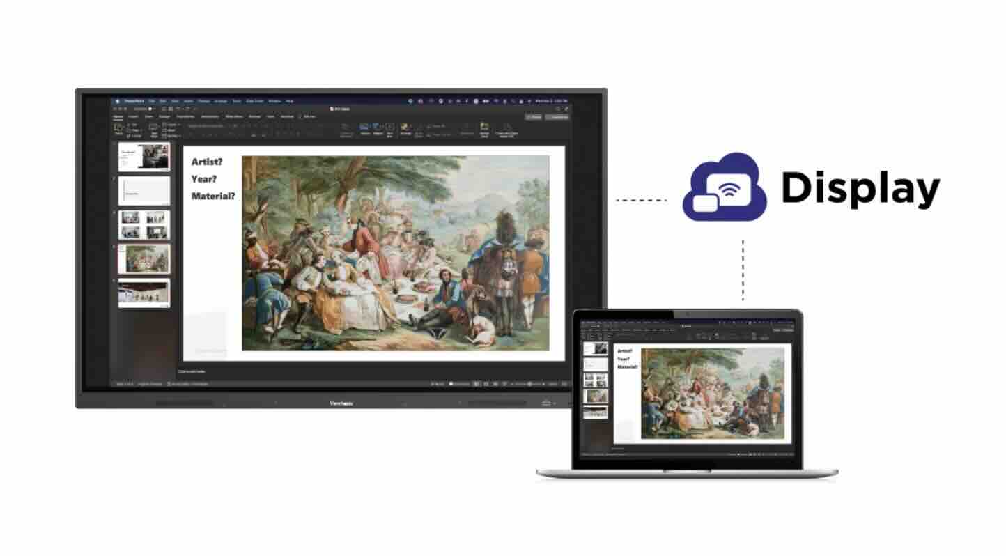 Mit ViewBoard® Cast teilen Sie Bildschirme kabellos und flexibel, unterstützt von AirPlay und Chromecast, für geteilte, erweiterte und gruppierte Ansichten.
