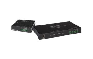 Crestron DM-EXT-1021 Kit bestehend aus Transmitter und Receiver, entwickelt für die zuverlässige HDMI- und AV-Signalübertragung über größere Entfernungen in Konferenz- und Schulungsräumen.