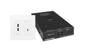 Das Crestron DM-EXT-2011-2G-W Kit bestehend aus Wandanschlussfeld und Receiver-Einheit, ideal zur sauberen Integration und zuverlässigen Signalübertragung in modernen Besprechungs- und Konferenzräumen.