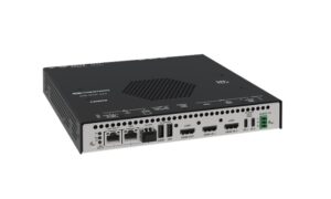 Vorderansicht des Crestron DM-NVX-384 AV-over-IP Geräts mit sichtbaren HDMI-, Netzwerk- und USB-Anschlüssen, entwickelt für die verlustfreie Übertragung von 4K60-Signalen in Echtzeit über IP-Netzwerke.