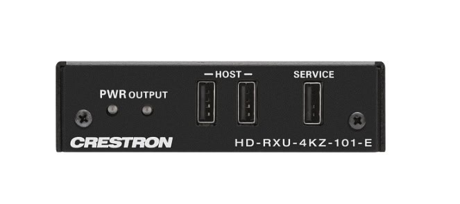 Frontansicht des Crestron HD-RXU-4KZ-101-E Receivers mit USB-Host-, Service- und Power-Anschlüssen, konzipiert für die zuverlässige 4K-HDMI-Übertragung und USB-Integration in modernen Konferenzräumen.