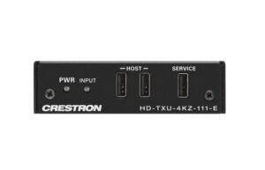 Frontansicht des Crestron HD-TXU-4KZ-111-E Transmitters mit USB-Host-, Service- und Power-Anschlüssen, konzipiert für die zuverlässige 4K-HDMI-Signalübertragung und BYOM-Integration in Konferenzräumen.
