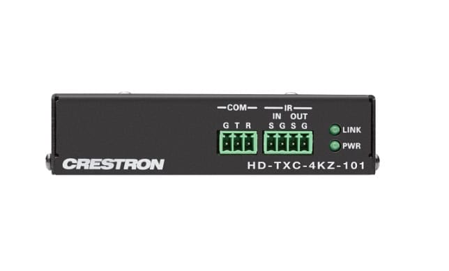 Frontansicht des Crestron HD-TXC-4KZ-101 Transmitters mit Steuerungs- und AV-Anschlüssen sowie Status-LEDs, konzipiert für die zuverlässige Integration in Konferenzräume und professionelle AV-Umgebungen.