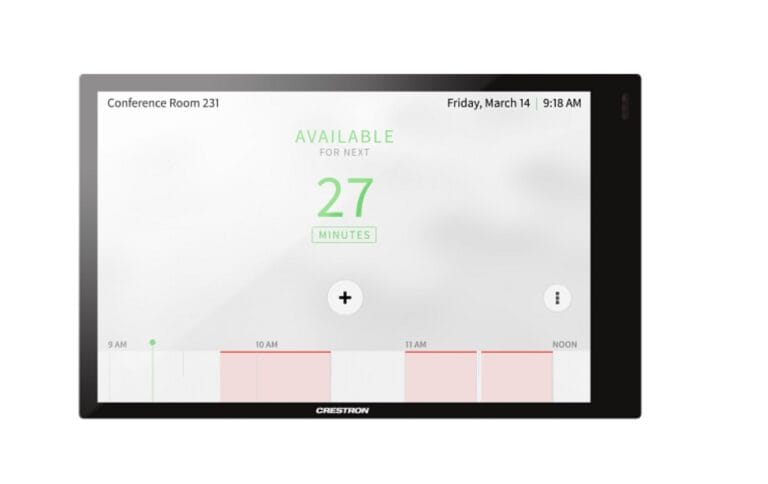 Crestron TSW-770 Touchpanel der 770-Serie mit 7-Zoll-Display, Anzeige einer Raumbelegungs- und Kalenderansicht, entwickelt für Meetingraumsteuerung, Buchung und AV-Integration.