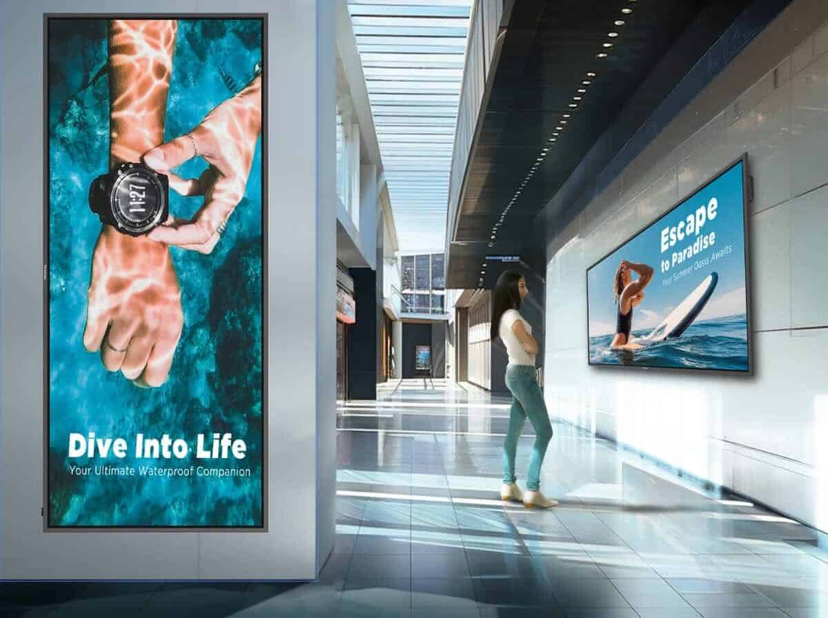 ViewSonic CDE9UW Digital Signage im Hoch- und Querformat Digitale Werbedisplays ViewSonic CDE9UW im Hoch- und Querformat in einer modernen Eingangshalle