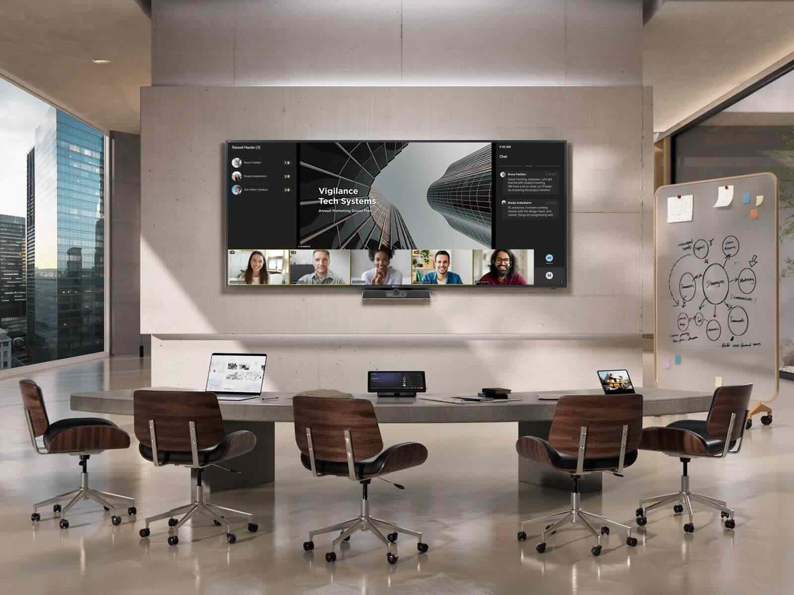 ViewSonic CDE9-Serie im Konferenzraum für hybride Meetings Moderner Konferenzraum mit ViewSonic Ultra-Wide Display für hybride Meetings mit Videokonferenz-Teilnehmern