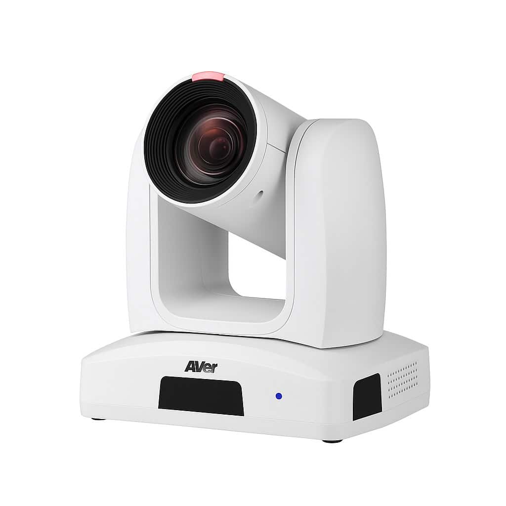 AVer PTZ310UV2 4K PTZ-Kamera für Livestreams AVer PTZ310UV2 4K PTZ-Kamera in seitlicher Schrägansicht mit Objektivfokus