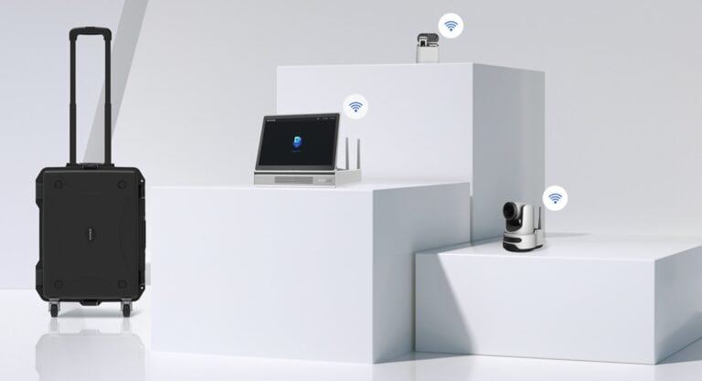 Komplette MAXHUB Portable Capture Lösung mit Host, Kamera und Mikrofon für flexible Aufnahmen und Streaming.