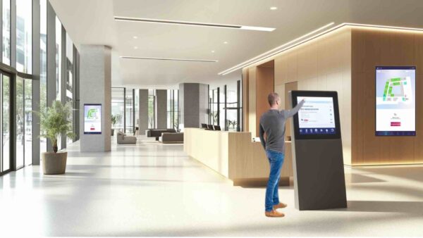 Ein moderner Eingangsbereich einer Behörde mit interaktivem Touchscreen-Infoterminal und digitalen Wanddisplays, die Besuchern Orientierung, Termin- und Raumhinweise bieten und das Besuchermanagement optimieren.