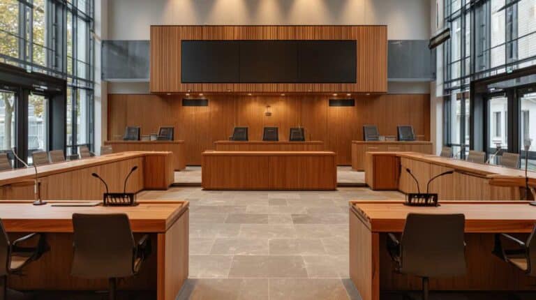 Ein heller, technisch modernisierter Gerichtssaal mit großen Fenstern, Richterbank und integrierter LED-Wall zur Durchführung digitaler Videoverhandlungen am Amtsgericht nach § 128a ZPO.