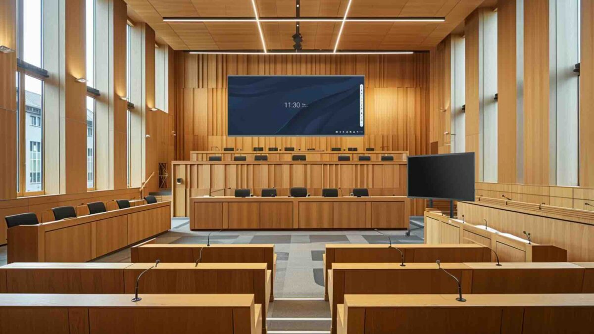 Ein leerer, moderner Gerichtssaal mit Holzmobiliar, Richterbank und großem Bildschirm für Videokonferenzen – geeignet für Videoverhandlungen nach § 128a ZPO und digitale Gerichtsverfahren.