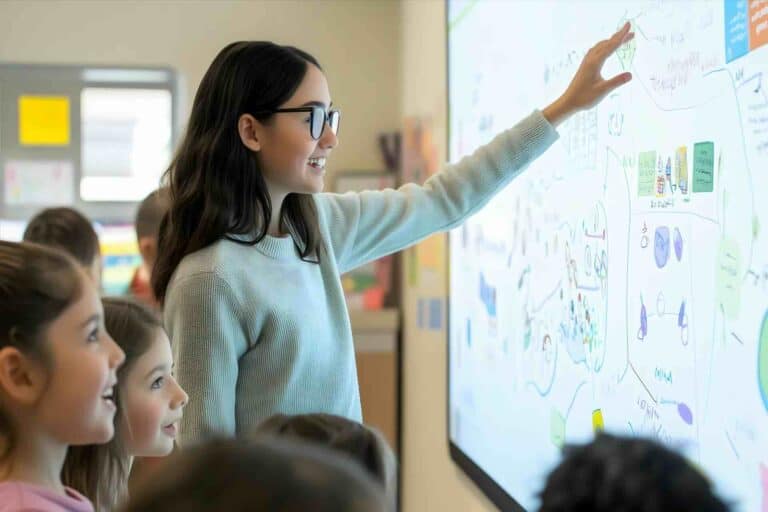 Das Bild zeigt eine Lehrerin mit Schülerinnen vor einem Primeboard 86-Zoll großen interaktiven 4K-UHD-Display im Klassenzimmer. Die Lehrkraft bedient das blendfreien Touchscreen, während Inhalte klar und kontrastreich dargestellt werden – selbst bei starker Umgebungsbeleuchtung.