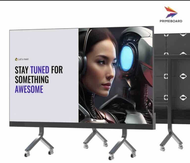 Das Bild zeigt ein modulares Primeboard GIGA LED-Display auf vier mobilen Rollständern mit hochauflösendem Inhalt. Die mobile Bauweise erlaubt flexiblen Einsatz in Eventbereichen, Messen oder temporären Präsentationsflächen.