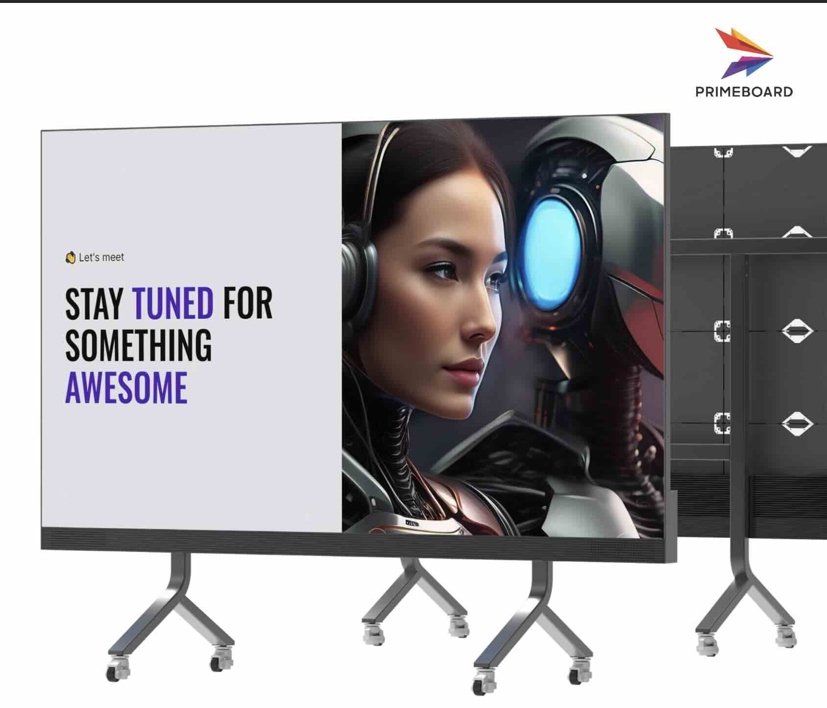 Mobiles Primeboard GIGA LED-Displaysystem mit mobilen Displayträger Das Bild zeigt ein modulares Primeboard GIGA LED-Display auf vier mobilen Rollständern mit hochauflösendem Inhalt. Die mobile Bauweise erlaubt flexiblen Einsatz in Eventbereichen, Messen oder temporären Präsentationsflächen.