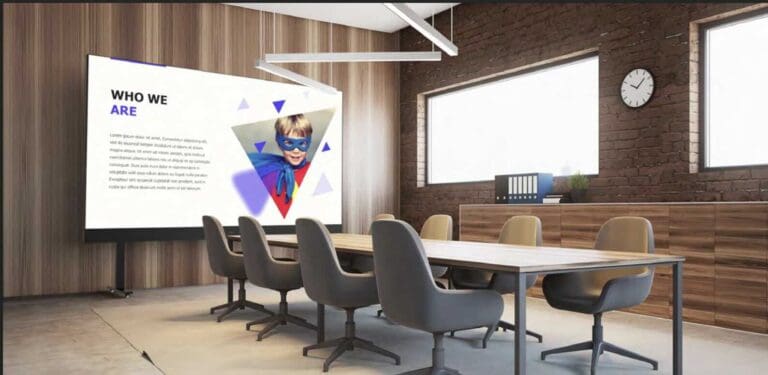 Das Bild zeigt eine großformatige Primeboard GIGA LED-Wand in einem modern eingerichteten Konferenzraum. Auf dem Display ist eine Präsentationsfolie sichtbar, die trotz Tageslichthelligkeit klar lesbar ist. Die Lösung eignet sich für große Meetings, Präsentationen und Unternehmenskommunikation auf höchstem Niveau.