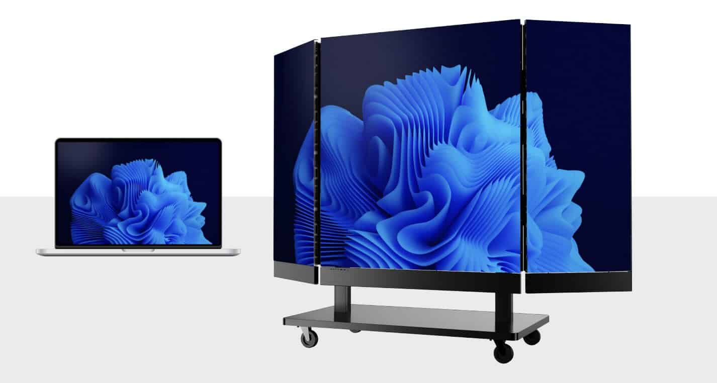 Primeboard LED-Flip faltbares Display mit Bildschirm-Teilung Das Bild zeigt ein faltbares Primeboard LED-Flip-Display im ausgeklappten Zustand, auf dem der Inhalt eines angeschlossenen Notebooks gespiegelt wird. Die mobile Lösung ermöglicht großflächige Darstellung und kabelloses Screen Mirroring in Meeting- oder Event-Umgebungen.