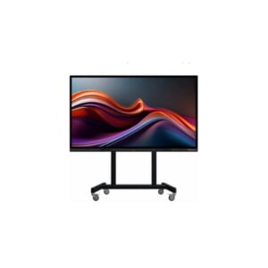 Das Bild zeigt ein Primeboard Display montiert auf dem mobilen PrimeMOBILE Rollgestell mit vier Lenkrollen. Die stabile Stahlkonstruktion ermöglicht flexiblen Einsatz in Bildung, Konferenz oder Workshop – überall dort, wo ortsunabhängige Präsentationen gefragt sind.