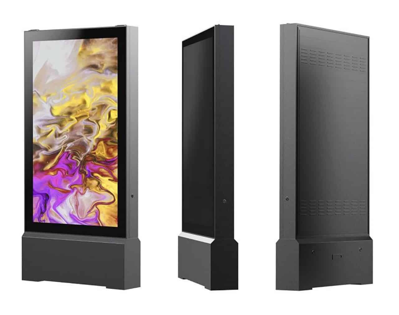 Primeboard VEGA LED-Outdoor im 3D-Ansichtsvergleich: Front, Seite, Rückseite Das Bild zeigt das Primeboard VEGA LED-Outdoordisplay aus drei Perspektiven: Frontansicht mit aktiver Bildfläche, Seitenansicht mit Gehäusetiefe und Rückansicht mit Belüftungsgittern. Die Darstellung betont das robuste, wetterfeste Design für den Außeneinsatz.