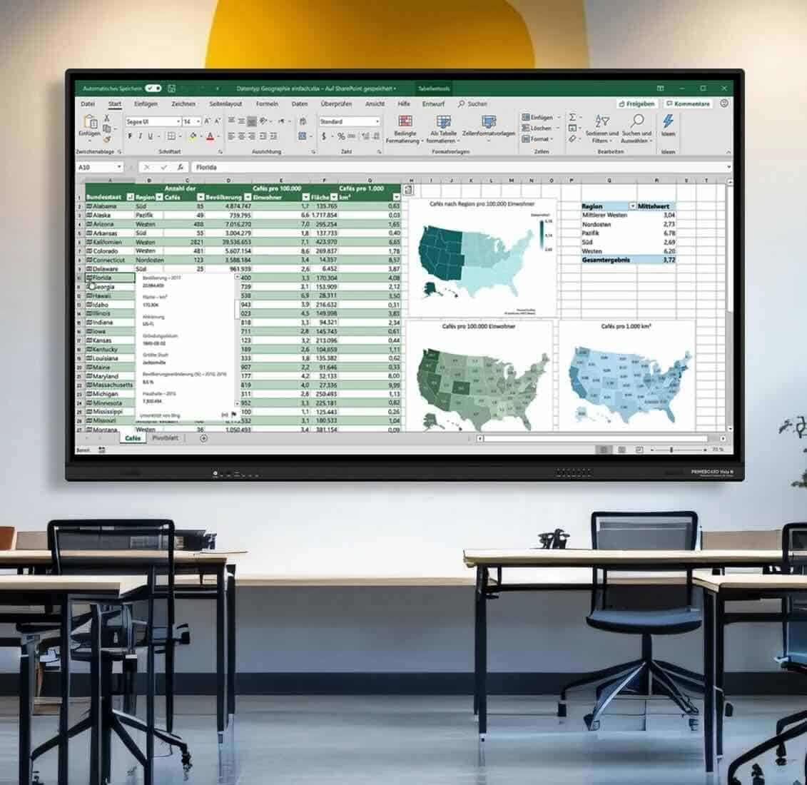 Primeboard Vista M mit geteiltem Bildschirm im Besprechungsraum Das Bild zeigt ein Primeboard Vista M in einem modernen Besprechungsraum, auf dessen großem Display eine Excel-Tabelle mit geografischen Diagrammen dargestellt ist. Die Bildschirmteilung ermöglicht die gleichzeitige Visualisierung von Daten und Karten, ideal für Business-Präsentationen und Schulungen.